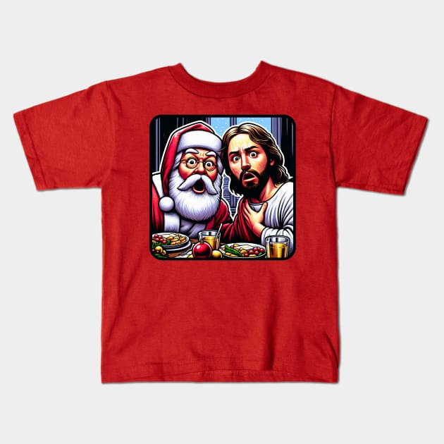 Jesus Santa Claus Christmas Dinner Holy Silent Night wwjd We Saw That meme Kids T-Shirt by Plushism